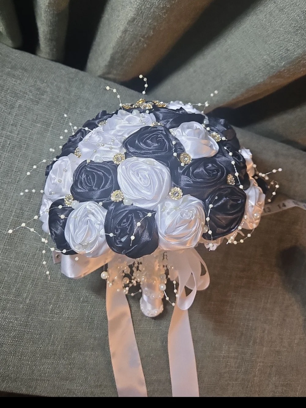 Elegant Navy and White Satin Rose Bridal Bouquet with Pearl Accents